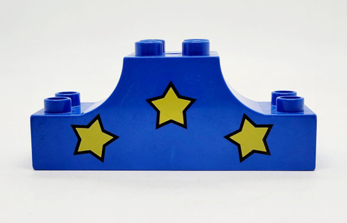 Lego LEGO DUPLO Brick 2 x 6 x 2 Arch Inverted Double with Three Yellow Stars Pattern, blue plastic construction brick with star pattern on a white background.