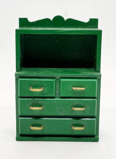 Calico Critters EPOCH 1985 Sylvanian Families Calico Critters - Cupboard, a miniature green wooden cupboard with four drawers and a small open shelf on top