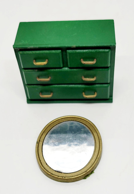 Calico Critters EPOCH 1985 Sylvanian Families Calico Critters - Dresser and Mirror, miniature green dresser with five drawers and a small round mirror with a gold rim.