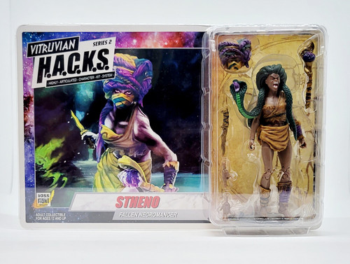 Boss Fight Studio Vitruvian H.A.C.K.S. Series 2 - Stheno Fallen Necromancer, action figure in packaging with detailed costume and accessories, displayed alongside illustrated box art.
