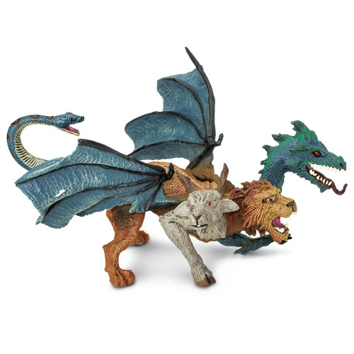 Safari Ltd Mythical Realms Chimera, a detailed figurine featuring a creature with a lion's body, a goat's head, a serpent's head, and bat-like wings.