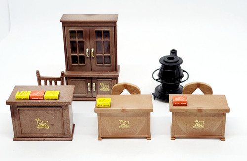 BANDAI Bandai 1986 Maple Town Story School Furniture Set, miniature wooden classroom furniture and accessories with desks, chairs, bookshelf, and lantern.
