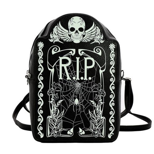Sleepyville Critters Glow in the Dark Tombstone Mini Backpack - Black, featuring a spooky skeleton skull with wings, spider web design, and "R.I.P." text, a unique vinyl fashion accessory by COMECO.