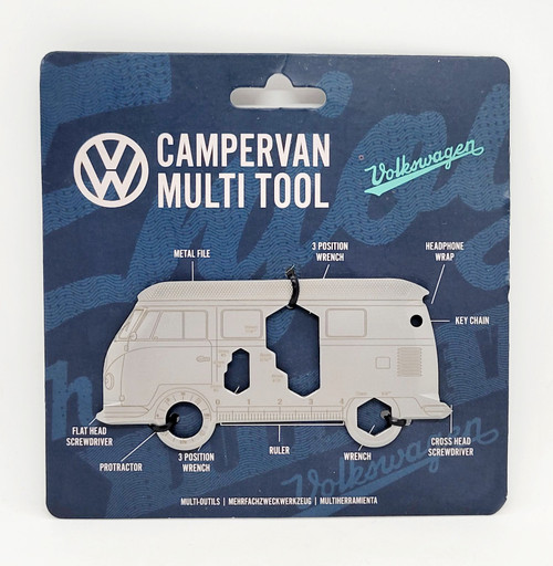 Paladone Volkswagen Campervan Multi Tool - Wrench, Screwdrivers, Keychain, product packaging showing a campervan shaped multi-tool with labeled features and tools.