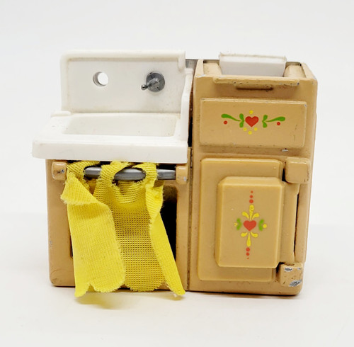 Mattel 1980 The Littles - Kitchen Sink and Ice Box, vintage toy kitchen set with a small white sink, a brown ice box with floral decorations, and a yellow fabric towel.
