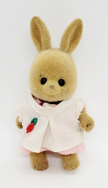 BANDAI Maple Town Story Patty Rabbit plush toy, vintage stuffed bunny with soft fur, wearing a pink dress with a cherry applique.