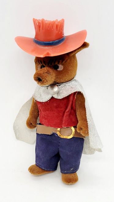 BANDAI Maple Town Story 1986 Wilde Wolf, plush toy character with a cowboy hat, brown fur, red vest, blue pants, and a cape.
