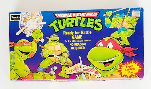 RoseArt Teenage Mutant Ninja Turtles Ready For Battle Game, colorful game box featuring cartoon turtles with weapons and pizza, designed for children ages 4 and up, no reading required.