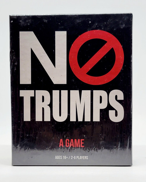 Go! Toys No Trumps A Game Card Game, front of the box featuring bold black background with white and red text and a prohibition symbol, for ages 16 and up, suitable for 2-6 players.