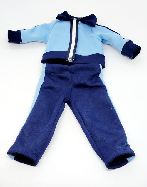 Fisher-Price My Friend Doll #224 Jogging Outfit, a doll's blue and navy jogging suit with a zip-up jacket and matching pants.
