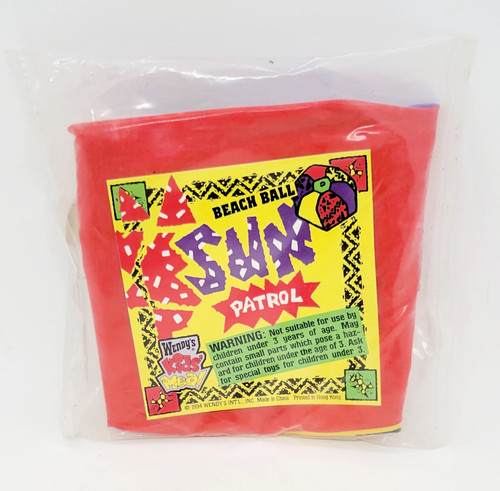 Wendy's Kids' Meal Toy 1994 Sun Patrol - Beach Ball, colorful miniature beach ball toy in transparent plastic packaging with vibrant label design.