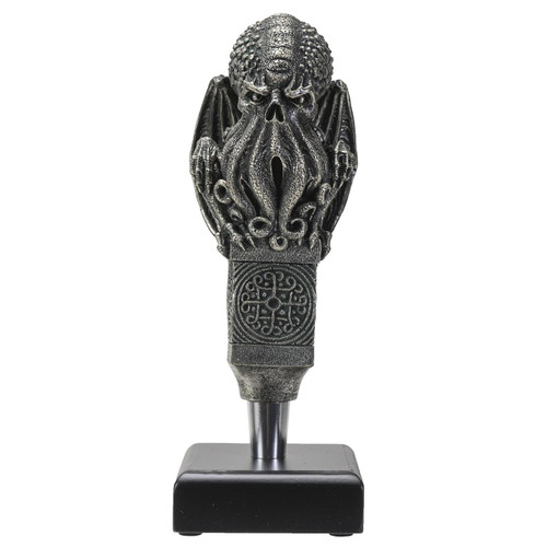 Pacific Giftware Cthulhu Beer Tap Pull Handle, black metal with detailed Cthulhu mythos design featuring an octopus head and tentacles, mounted on a stand for beer tap installation.