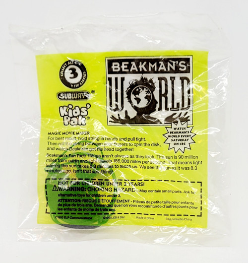 Subway Kids' Meal Toy 1995 Beakman's World - #3 Magic Movie Maker, yellow plastic toy in packaging with black and white label and instructions.