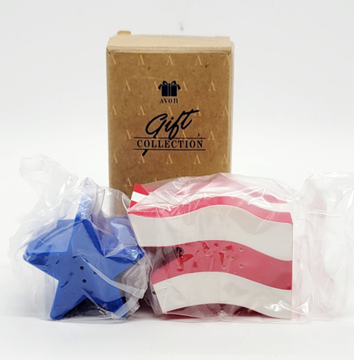 AVON Star Spangled Serveware Collection - Salt & Pepper Shakers, patriotic-themed salt and pepper shakers with red, white, and blue designs in sealed plastic packaging.
