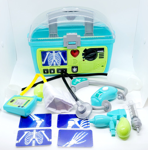 Redbox Light & Sound Medical Kit, toy medical kit with a toy stethoscope, syringe, otoscope, and other medical accessories with blue and green colors.