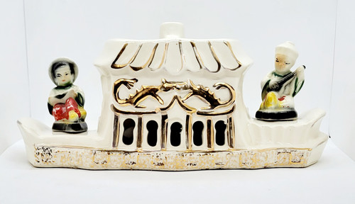 Premco Mfg Premco 1954 Asian Pagoda Boat Ceramic Table Lamp, detailed ceramic Asian-inspired boat with figurines, decorative gold accents, and intricate design.