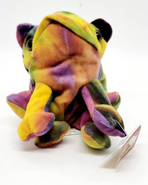 KellyToy 1996 Farm Yard Beanpals Bud the Bullfrog, a colorful plush frog toy with a rainbow-like pattern, big eyes, and soft fabric texture.