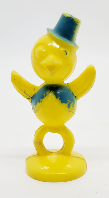 Unknown Vintage Plastic Yellow Easter Chick Figurine, vintage yellow plastic Easter chick with a blue top hat.