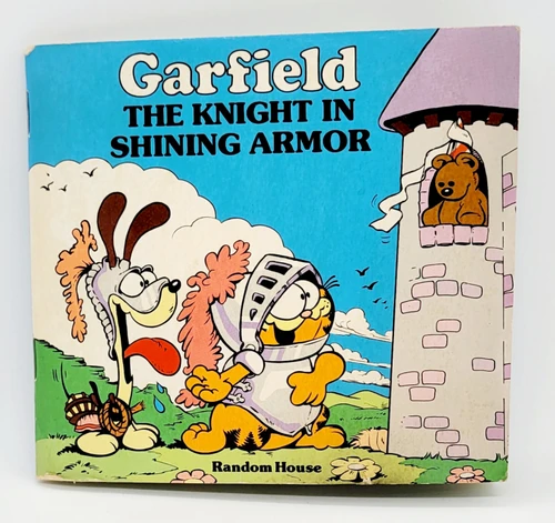 Random House Garfield The Knight in Shining Armor (1982), illustrated cover featuring Garfield wearing a knight's helmet and armor, sitting next to Odie the dog with a castle tower and a hen in a window in the background.