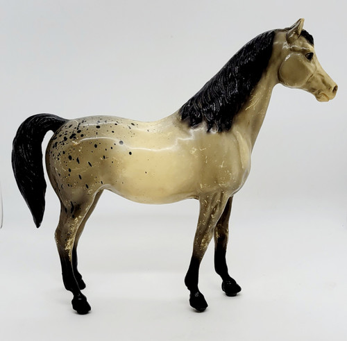 Breyer Breyer Family Arabian Mare Speck Glossy Model #38, a collectible glossy ceramic figurine of a beige Arabian horse with black mane and tail, spotted pattern on the body, and detailed features.