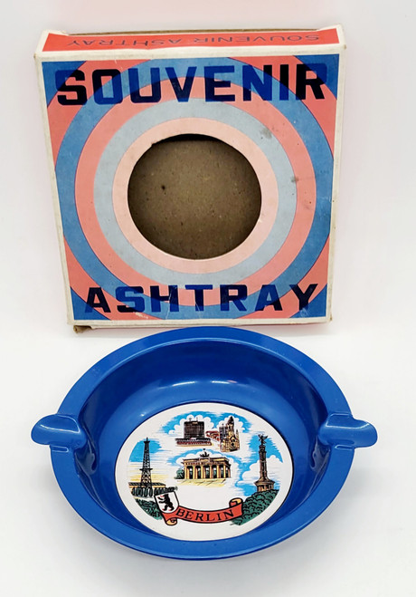 Unbranded Berlin Germany Blue Enamel Souvenir Ashtray, blue enamel ashtray with Berlin landmarks and a red ribbon with 'Berlin' written on it.