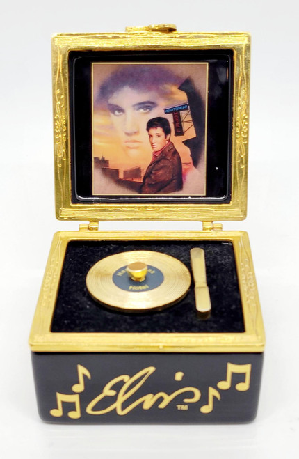 Ardleigh Elliot 2001 Elvis Presley Heartbreak Hotel Box (Not Working), vintage music jewelry box with a gold-tone exterior, inner picture of Elvis Presley, and black interior.