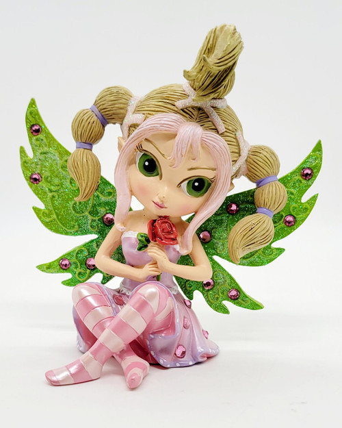 The Hamilton Collection 2013 Crystal Reflections of Hope Collection Courage Shines fairy figurine, pink-haired fairy with green wings holding a red rose.