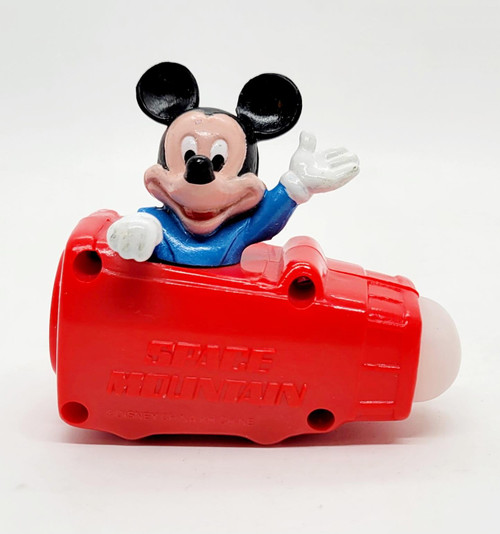 McDonald's Happy Meal Toy 1995 Disneyland 40th Anniversary Space Mountain Toy, a small figure of Mickey Mouse in blue attire riding a red roller coaster car with space mountain logo.