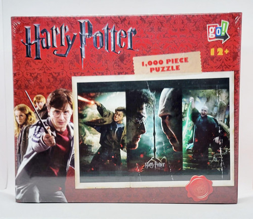 Go! Games Harry Potter Harry vs Voldemort 1000 Piece Jigsaw Puzzle, image of the puzzle box featuring artwork of Harry Potter and Voldemort facing each other and iconic scenes from the Harry Potter series.