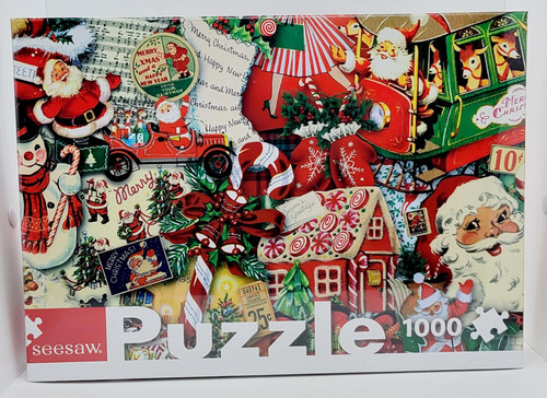 SEESAW Seesaw Oh What Fun Christmas 1000 Piece Jigsaw Puzzle, featuring colorful Christmas decorations, Santa Claus, a toy train, holiday-themed candies, and festive ornaments.
