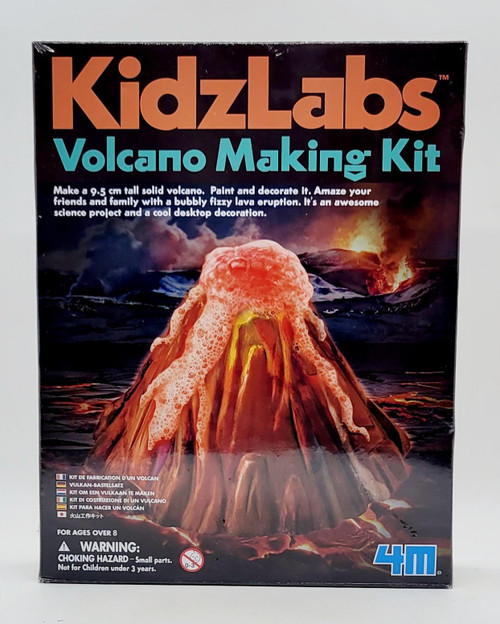 4M KidzLabs Volcano Making Kit, box featuring an erupting volcano model with lava and smoke, educational science project for children.