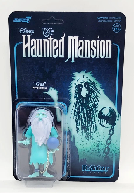 Super7 Disney ReAction Figures - Haunted Mansion Wave 1 - Gus (Damaged Card), action figure of Gus with light blue skin, long white beard, holding a blue ball with chain, in front of a Haunted Mansion-themed packaging.