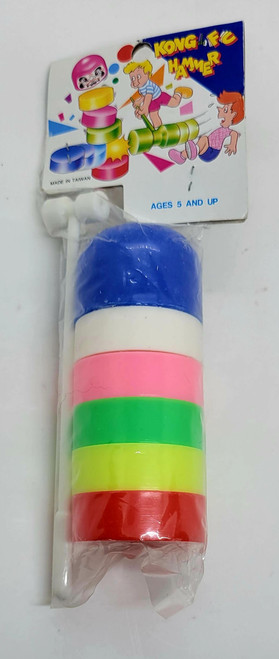 Unbranded Vintage Kong Fu Hammer Game, colorful stacking game with six rings in blue, white, pink, green, yellow, and red, made in Taiwan, for children ages 5 and up.