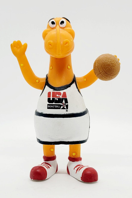 Kraft Cheesasaurus Rex USA Basketball PVC Toy Figure, cartoon dinosaur with basketball, USA logo, red and white sneakers, sports outfit.