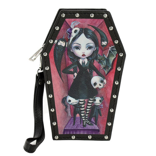 Sleepyville Critters Coffin Girl Vinyl Wallet Wristlet – Gothic Style Accessory, featuring a gothic girl with dark hair, skulls, and bats in a coffin-shaped design.