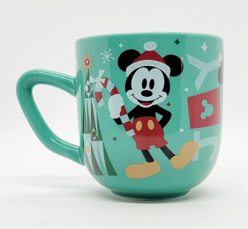 Disney Mickey & Minnie Mouse Joy Christmas Mug, ceramic mug featuring Mickey Mouse dressed in Christmas attire with holiday decorations.