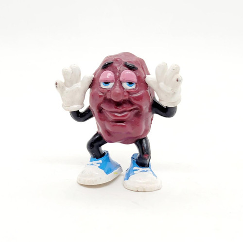 California Raisins Hardee's Wave 1 Hush Figure, anthropomorphic raisin character with a smiling face, wearing white gloves, black arms, blue sneakers, and posing with hands near its head.