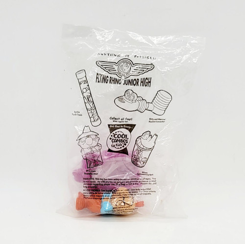 Hardee's Kids' Meal Toy 1999 Flying Rhino Junior High Phantom Transformer, unwrapped toy in plastic bag featuring line art illustrations of the toy and characters, along with branding and safety information.