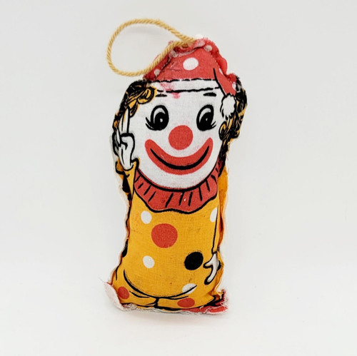 Nadel & Sons Toy Corp Hanging Plush Clown Holding 2 Fingers Up, colorful clown plush toy with a smiling face, red nose, and polka dot outfit.