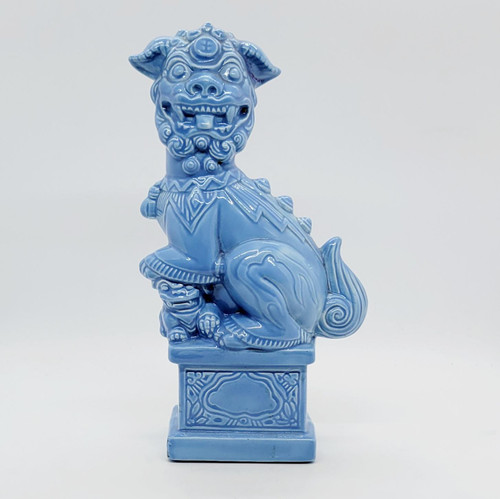 Atlantic Mold Chinese Foo Dog 9 inch Ceramic Figurine, light blue color, detailed traditional guardian lion sculpture with intricate patterns and a fierce expression.