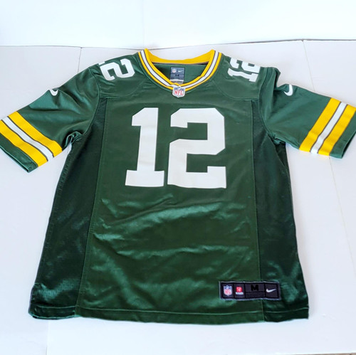 NFL Green Bay Packers #12 Aaron Rodgers Nike Jersey, green football jersey with yellow and white accents, size M, featuring the NFL and Nike logos.