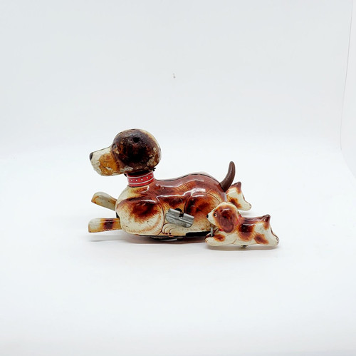 Unknown Vintage Hound with Puppies Tin Windup Toy, vintage mechanical dog and puppies figurine.