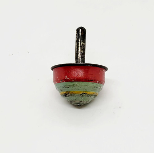 Gibbs Vintage Gibbs Tin Litho Toy Top, vintage metal spinning toy with red, green, yellow, and black painted design, showing signs of wear and age.