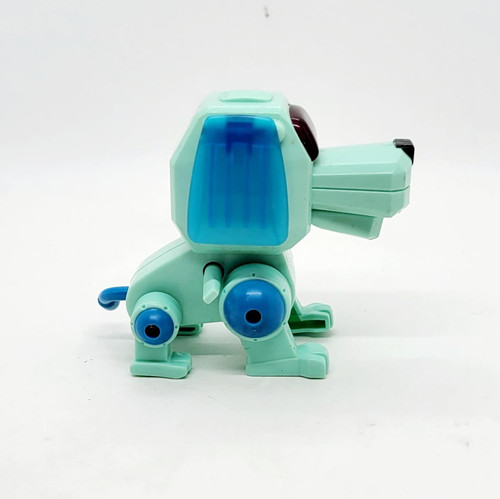 McDonald's Happy Meal Toy 2001 Robo-Chi Pets Toy - Blue / Green, vintage robot dog with blue eyes, a blue and green body, and a removable compartment on its back, not working.