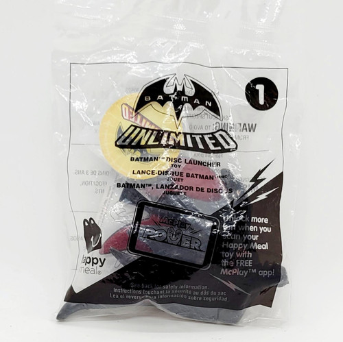 McDonald's Happy Meal Toy 2015 Batman Unlimited #1 Batman Disc Launcher, packaged plastic toy inside clear bag.