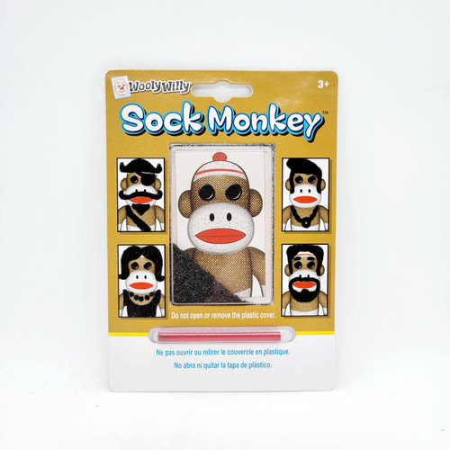 Patch Products Wooly Willy Sock Monkey Activity Toy, packaged sock monkey toy with cartoon sock monkey faces on the packaging.