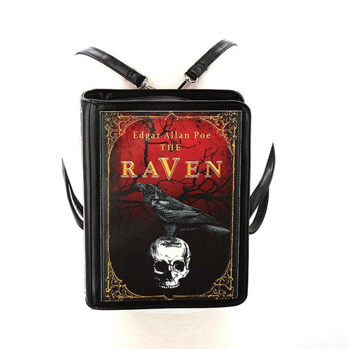 Sleepyville Critters The Raven Vintage Book Backpack in Vegan Vinyl, literary horror mini backpack featuring a cover of Edgar Allan Poe's The Raven with a black raven perched on a skull against a red background, ideal for book lovers.