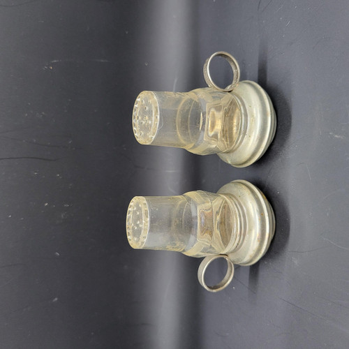 Unknown Vintage Oil Lamps Shaped Salt & Pepper Shakers, transparent glass shakers with metallic bases and handles, designed to resemble oil lamps.