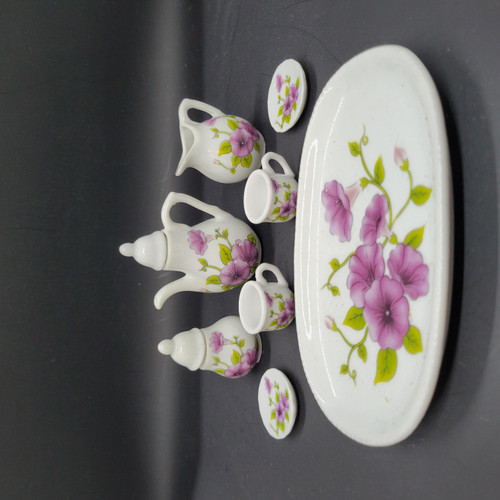Royal Norfolk Miniature Porcelain Tea Set For Two - Morning Glory Flowers, a delicate miniature tea set with purple morning glory flower pattern on all pieces, including a platter, teapot, sugar bowl, creamer, two cups, and matching saucers, perfect for tea for two.
