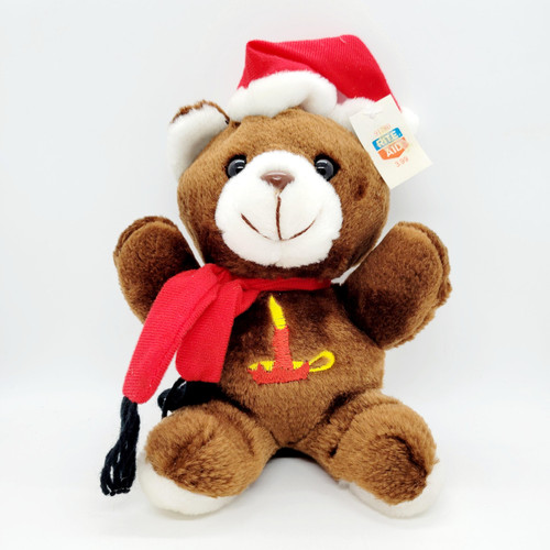 Vintage Happy-Mates 7 inch Brown Christmas Teddy Bear with Candle on Belly, wearing a red Santa hat and scarf, retail toy plush for holiday decor.